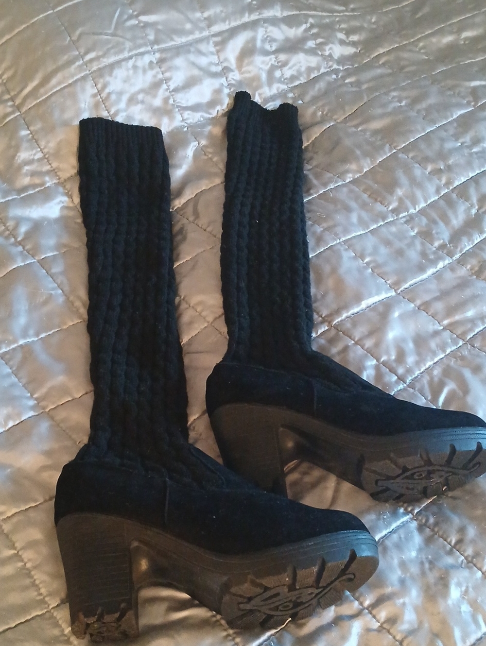 Sexy Thigh High Boots Chunk Heel Cable Knit Legs & Suede Boots Size 8-8.5